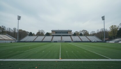 Expansive View of a Modern Sports Stadium Under Cloudy Sky