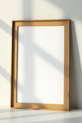 Elegant Light Wood Frame Mockup Blank Poster Natural Sunlight Minimalist Modern Design Empty Picture Frame Template Clean Simple Studio Background    