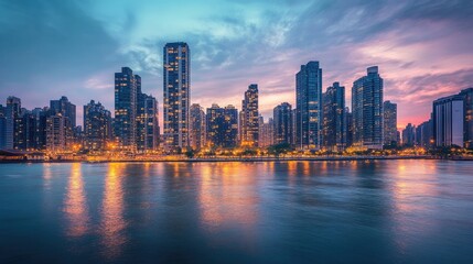 Fototapeta premium Panoramic view of a city skyline at dusk, with tall buildings and waterfront