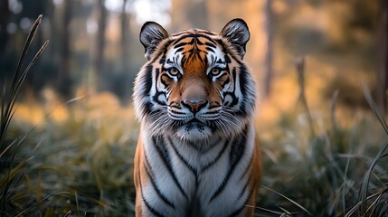 Naklejka premium Majestic Tiger Stalking in Autumn Forest