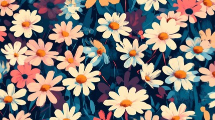 Flat art painterly style background illustration of retro style daisies in various colors