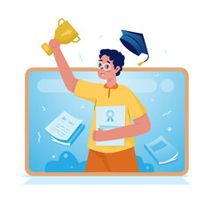 Online certification success getting trophy graduation vector illustration