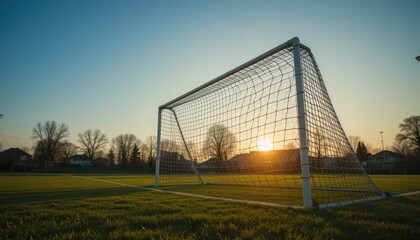 Sunset Over Soccer Goal on an Open Field in Tranquil Setting