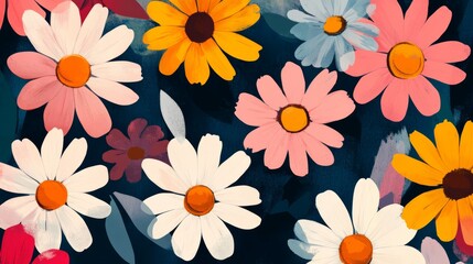 Flat art painterly style background illustration of retro style daisies in various colors