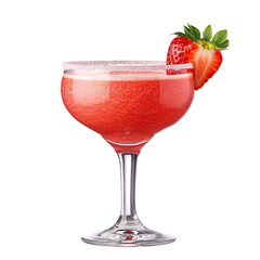 Strawberry frozen margarita in a glass on a white isolated background, showcasing a refreshing cocktail with crushed ice, vibrant red color, and a salted rim and beverage branding.