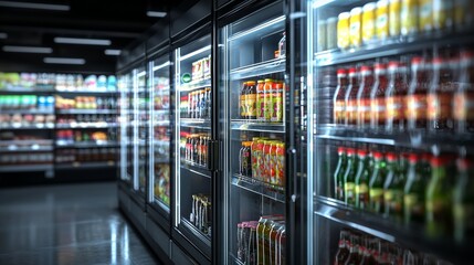Beverage selection supermarket retail environment modern aisle inside perspective consumer choices