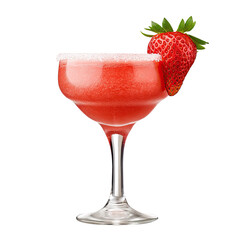 Strawberry frozen margarita, vibrant red, served in a glass with a strawberry garnish, isolated on white, featuring a refreshing cocktail with crushed ice, perfect for summer drinks  and party themes.