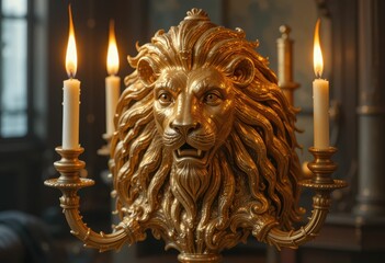 Obraz premium Golden Lion Candleholder with Lit Candles in Elegant Setting