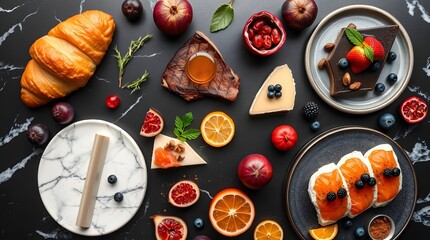 A colorful arrangement of food items, including pastries, fruits, and desserts, on a dark marble surface. Suitable for wallpaper or themes, it offers an appetizing, aesthetically pleasing image.