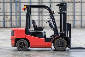 Autonomous red forklift parked inside spacious warehouse facility. AI-powered logistics solution designed streamline material handling, improving efficiency automation in supply chain operations.