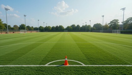 Fototapeta premium Open Soccer Field with Goalposts and Training Cones for Practice