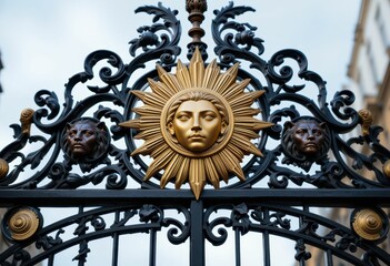 Decorative metal gate with sun emblem and lion face details