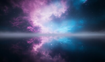 Fototapeta premium Vibrant cosmic clouds reflecting in a serene space backdrop.
