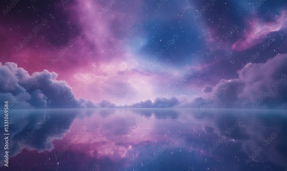 Aufkleber Vibrant cosmic scene with colorful clouds reflecting in calm water under a starry sky.
