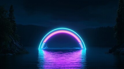 Neon Rainbow Arch over Lake at Night  Cinematic   Minimalist Landscape