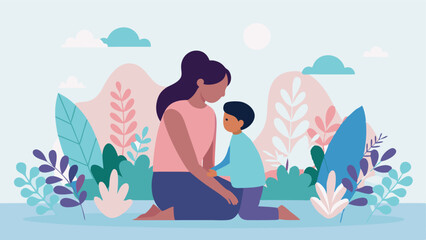 Tender Mother's Day Moment: A Flat Illustration of a Mom and Child Sharing a Quiet, Loving Embrace in a Modern, Minimalist Setting. Perfect for cards, websites, and social media.  