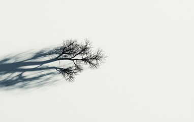 Fototapeta premium Barren Tree With Long Shadow On White Background Aerial View
