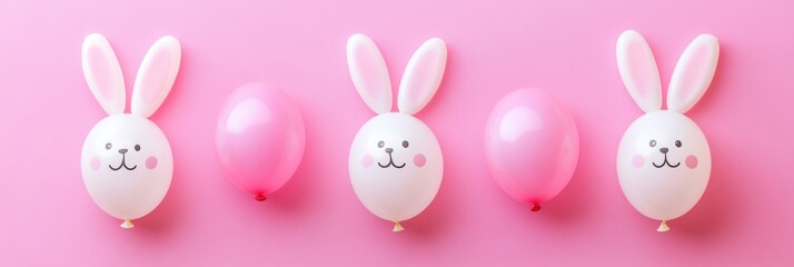 Four balloons with bunny faces, colored white and pink, perfect for Easter celebrations.