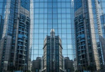 Fototapeta premium Reflections of Modern Architecture in Urban Cityscape Glass Facade