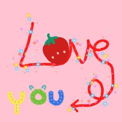 Image of word love on a pink blackdround decorated with bright colors.