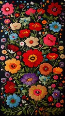 Vibrant embroidered flowers bloom against a dark black background of fabric