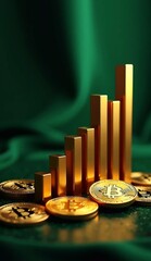Golden bitcoin and bar chart on green cloth background. Cryptocurrency concept