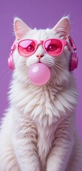 Cute white cat with pink sunglasses and pink headphones on purple background
