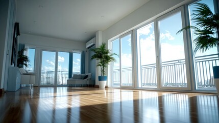 Obraz premium Modern Apartment Interior Design Sunlit Balcony Hardwood Floors Panoramic Views