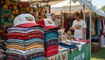 Obraz premium Colorful Display of T-Shirts and Hats at Outdoor Market Stall
