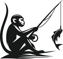Black vector of a monkey fishing with a stick animal silhouette
