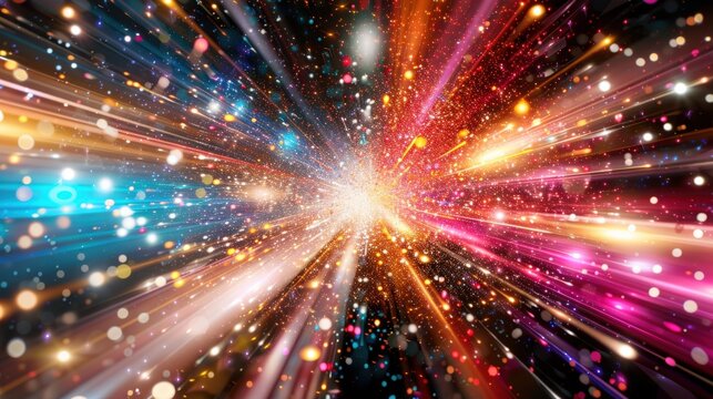 Dynamic 3D burst of vibrant particles in multiple colors radiating outward with glowing energy, creating an abstract and captivating display of motion and rhythm against a dark backdrop.