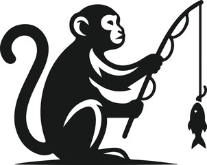 Black vector of a monkey fishing with a stick animal silhouette