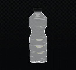 Plastic water bottle vector, transparent with black cap.  Realistic 3D mockup, empty bottle.  Dark checkered background overlay.  Simple, clean design.  Perfect for mockups, beverage packaging visuals