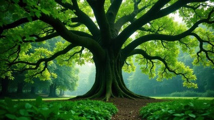 Majestic Ancient Tree in Verdant Forest, Showing Powerful Roots and Lush Canopy