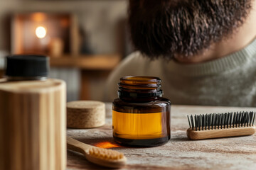 A man with a full beard prepares for grooming, showcasing a brown jar with natural product, toothbrush, and wooden comb on a rustic surface Generative AI