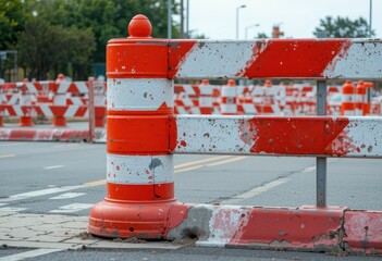 Construction Barrier with Orange and White Stripes on City Street