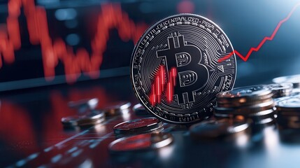 Bear market coin graph analysis Cryptocurrency coin with rising graph and coins in the background.