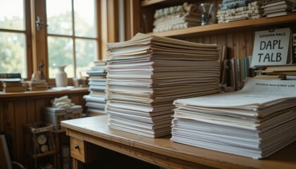 Fototapeta premium Stacked Papers and Books in Cozy Home Office Environment