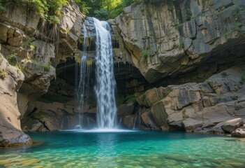 Serene Waterfall Cascading Into Crystal Clear Natural Pool