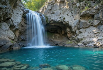 Fototapeta premium Serene Waterfall Cascading Into Tranquil Blue Pool Surrounded by Rocks