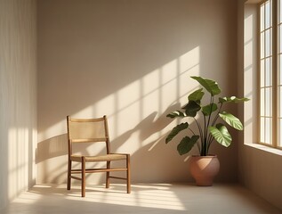 Minimalist interior with wooden chair and potted plant in warm sunlight, casting soft shadows on a neutral-toned wall, creating a serene and natural atmosphere

