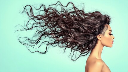 Naklejka premium Stunning Woman with Flowing Curly Hair Beauty Fashion Haircare