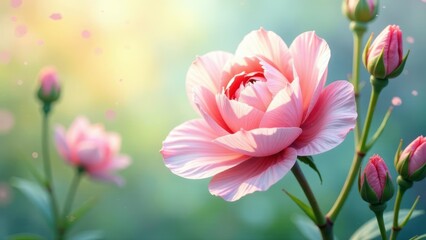Fototapeta premium A Delicate Pink Flower Blossoms in the Soft Sunlight, Surrounded by Unopened Buds and a Gentle, Dreamlike Atmosphere