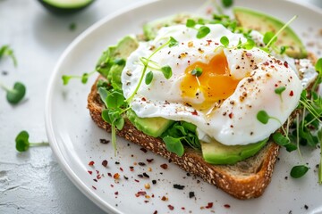 A serving of toasted bread features creamy avocado slices and a poached egg, garnished with microgreens and spices for added flavor Generative AI