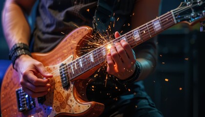 Obraz premium Electric Guitar Performance with Sparking Strings on Stage