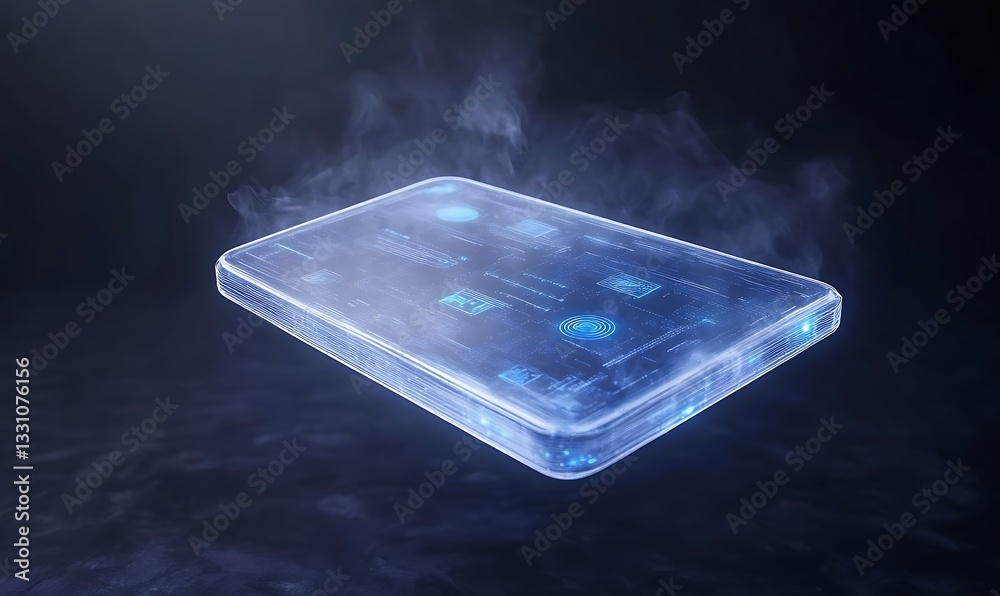 Poster futuristic transparent device emitting vapor in a dark environment.
