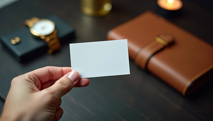 Obraz premium Hand holding blank business card mockup against luxury dark desktop with leather notebook and gold watch. Premium workspace with elegant accessories. Professional white template for corporate branding