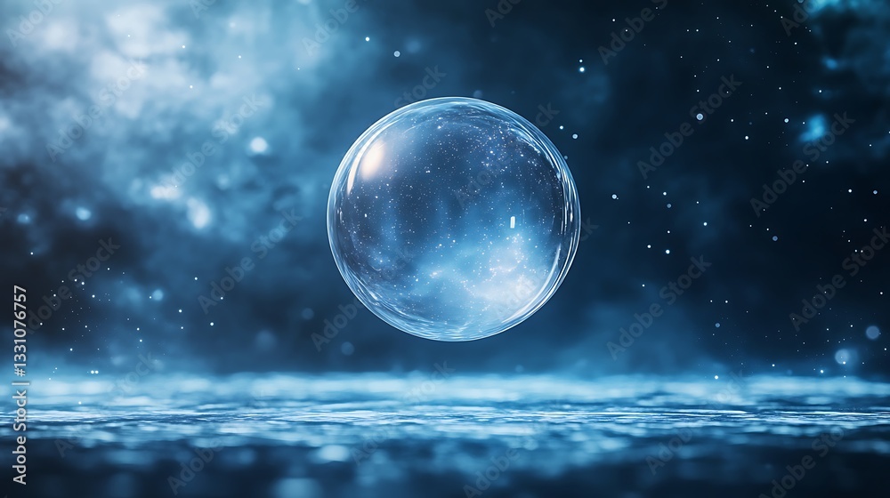 Poster Floating bubble surrounded by a cosmic blue background with shimmering particles.