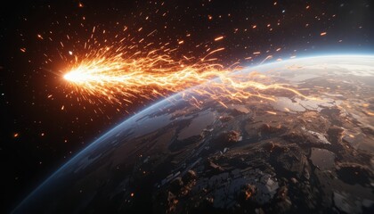 Fototapeta premium Meteor Shower Over Earth with Brilliant Fiery Trails in Space