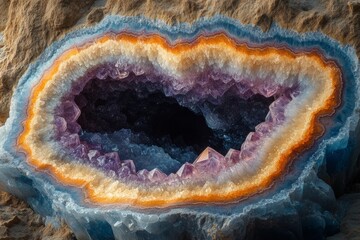 Obraz premium A vibrant geode showcases layers of orange, purple, and blue crystals inside a rock formation, highlighting nature's artistry in a geological setting Generative AI